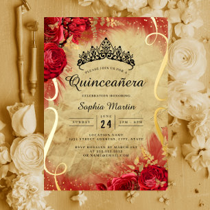 Rotes Blumen-Scroll-Quinceanera Folieneinladung