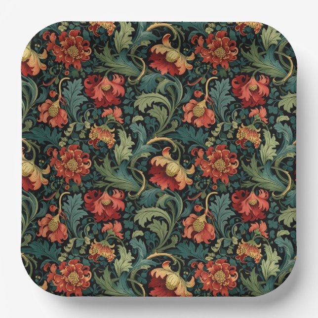 Rotes Blumen-William-Morris-Druckmuster Pappteller (Vorderseite)