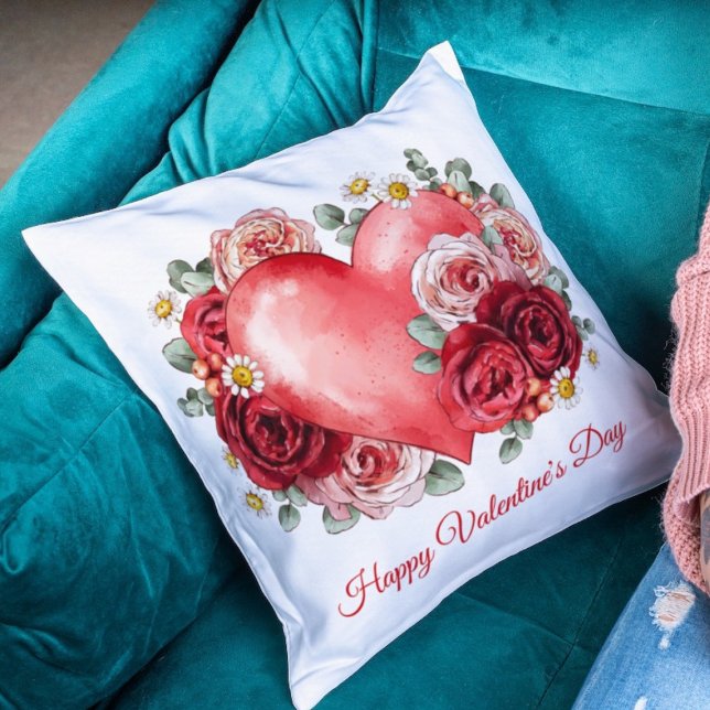 Rotes Blumenherz Aquarell Chic Valentinstag Kissen (Von Creator hochgeladen)