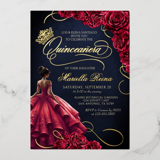Rotes Blumenkleid Quinceañera Folieneinladung (Vorderseite)