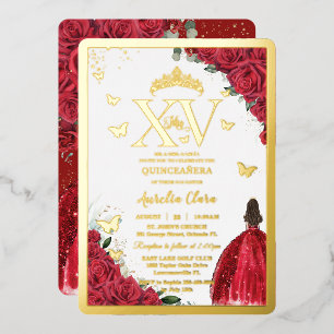 Rotes Blumenkleid Quinceañera Quince 15 XV Gold Folieneinladung
