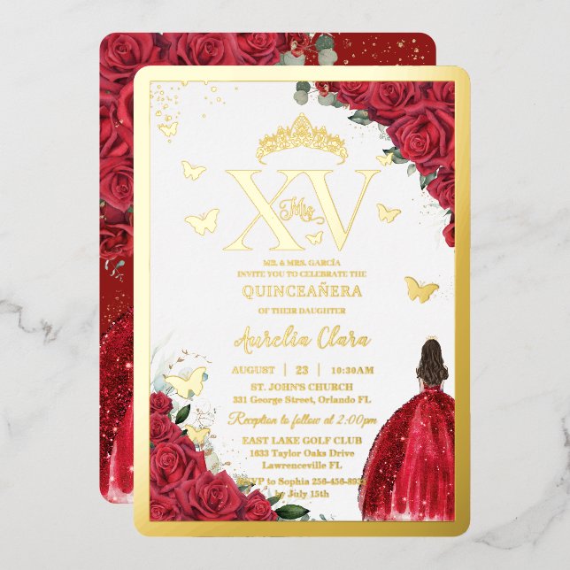 Rotes Blumenkleid Quinceañera Quince 15 XV Gold Folieneinladung (Vorderseite/Rückseite)
