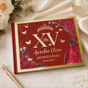 Rotes Blumenkleid Quinceañera Quince 15 XV Gold Gästebuch