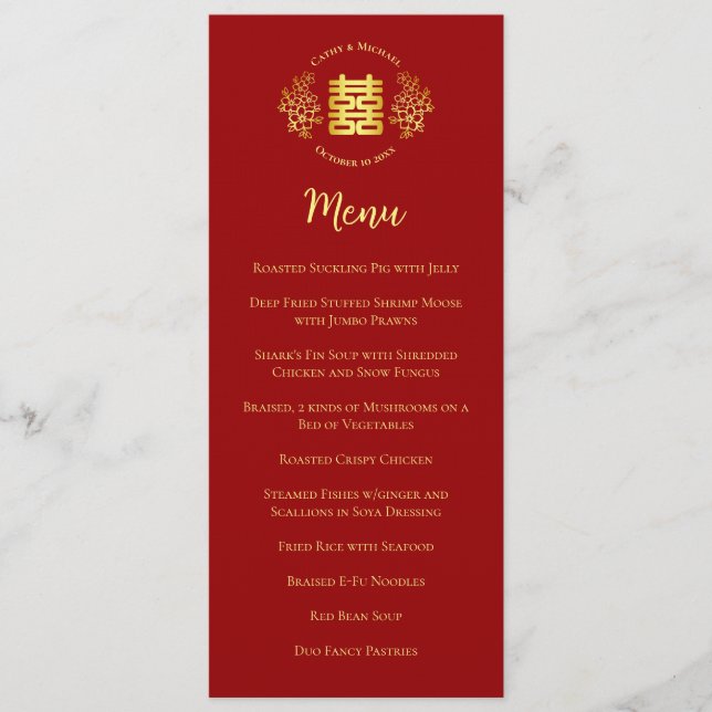 Rotes Blumenlogo Chinesische Hochzeit doppeltes Gl Menükarte (Vorderseite)