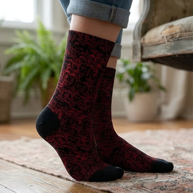Rotes Blumenmuster auf schwarz Socken (Von Creator hochgeladen)