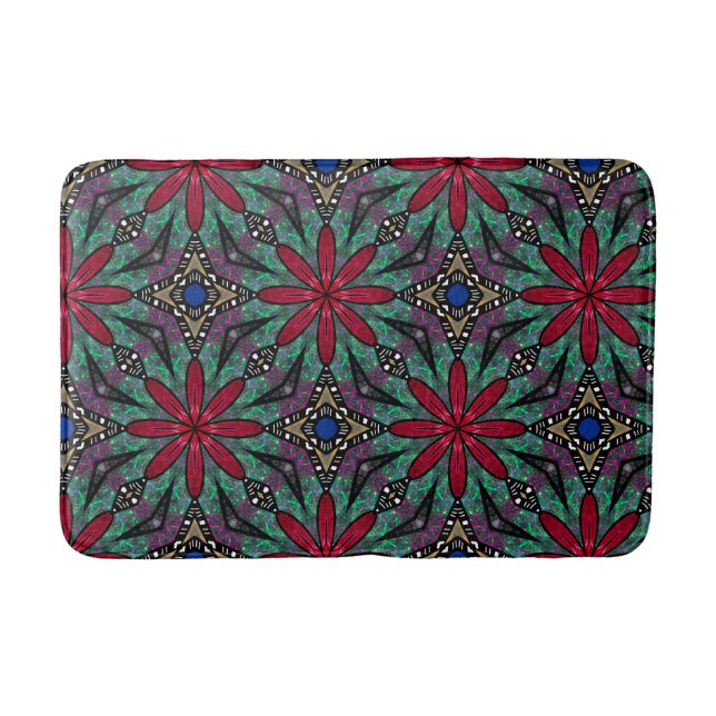 Rotes Blumenmuster mit Grün und Blau Badematte (Vorderseite)