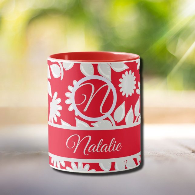 Rotes Blumenmuster - mit Monogramm Tasse (Von Creator hochgeladen)