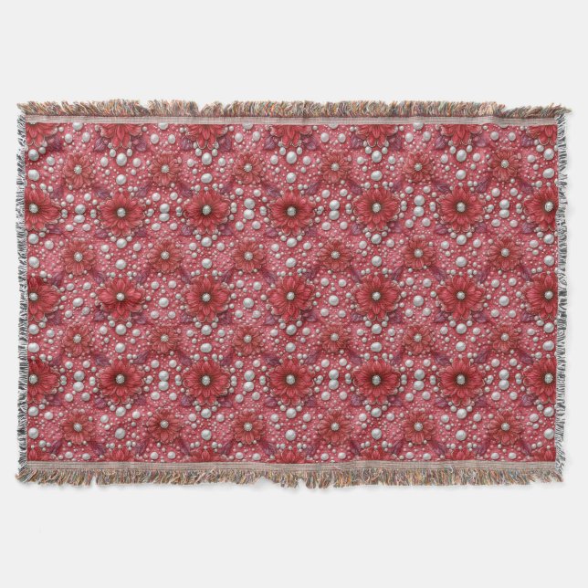 Rotes Blumenmuster mit Perlenakzenten Decke (Vorderseite)