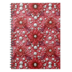 Rotes Blumenmuster mit Perlenakzenten Notizblock