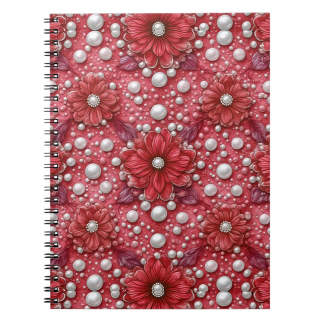 Rotes Blumenmuster mit Perlenakzenten Notizblock (Vorderseite)