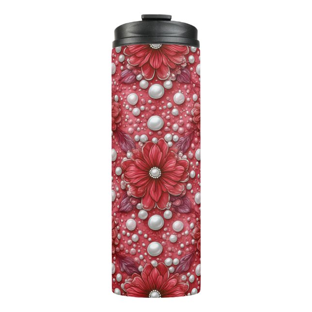 Rotes Blumenmuster mit Perlenakzenten Thermosbecher (Vorderseite)