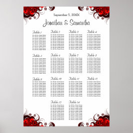 Rotes Blumenmuster und Weiß 14 Hochzeitstisch Poster
