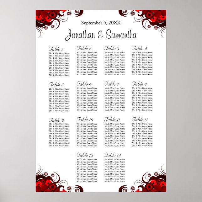 Rotes Blumenmuster und Weiß 14 Hochzeitstisch Poster (Vorne)