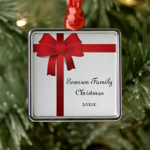 Rotes Bogen-Familien-Weihnachten Silbernes Ornament
