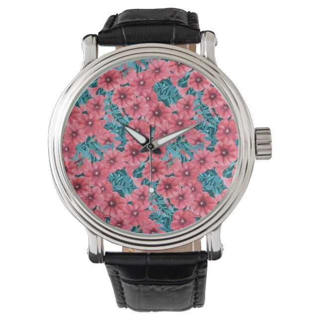Rotes Bohnenmuster-Blume Armbanduhr (Vorderseite)