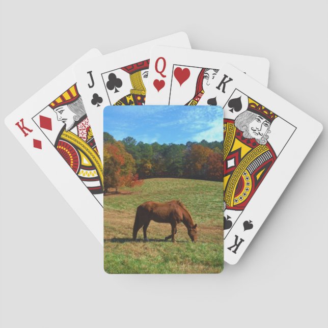 Rotes braunes Pferd, Bäume fallen, blauer Himmel Spielkarten (Rückseite)