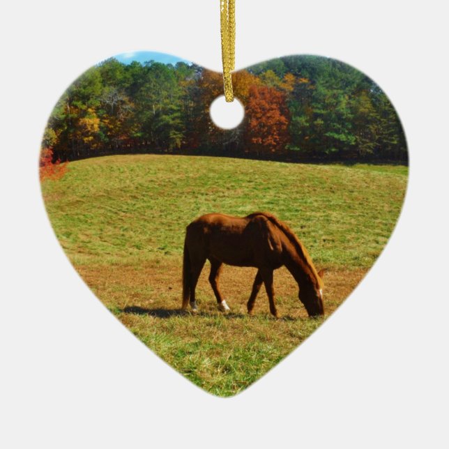 Rotes Braunes Pferd im Herbst Keramik Ornament (Vorne)