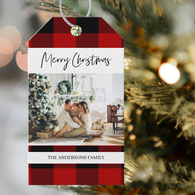 Rotes Buffalo Kariert & Frohe Weihnachten mit Foto Geschenkanhänger (Von Creator hochgeladen)