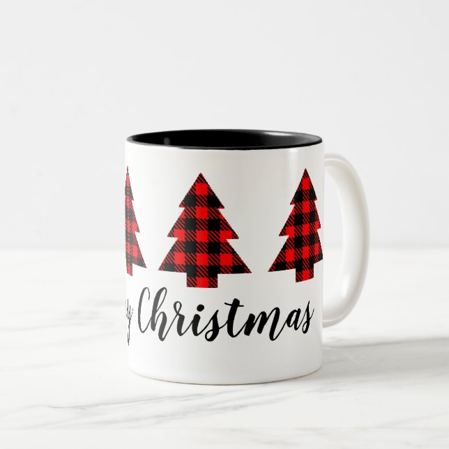 Rotes Buffalo Karierte Bäume Ihren Text Zweifarbige Tasse (VorderseiteRechts)