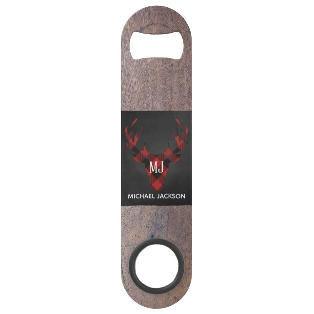 Rotes Buffalo Kariertes Hirschkopf Monogramm Speedflaschenöffner (Vorderseite)