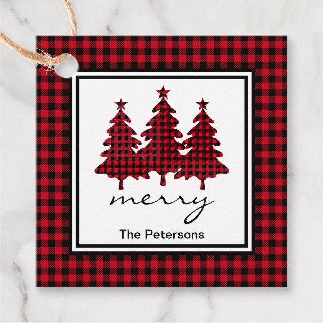 Rotes Buffalo Karo Pine Trees Personalisiert Geschenkanhänger (Vorderseite)