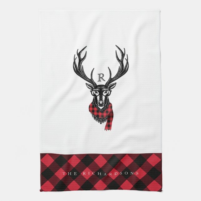 Rotes Buffalo-Monogramm aus Rustikal-Rentier-Rot-B Geschirrtuch (Vertikal)