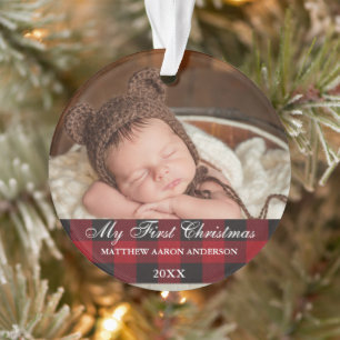 Rotes Büffel-Karo Baby Mein erstes Weihnachten Ornament