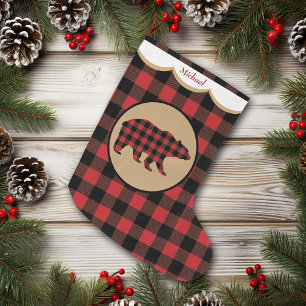 Rotes Büffel-Karo-Bär-Personalized Großer Weihnachtsstrumpf