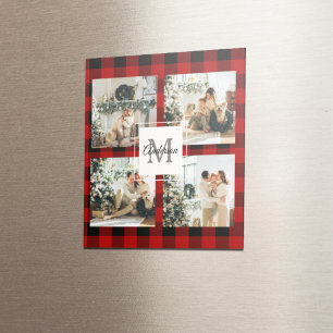 Rotes Büffel-Karo & Collage-Foto mit Initiale Magnet
