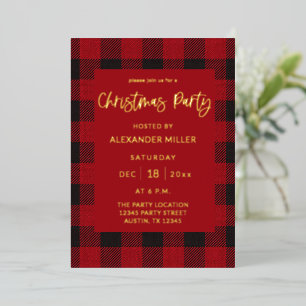 Rotes Büffel-Karo-Flanell-Weihnachtsfeier Folieneinladung