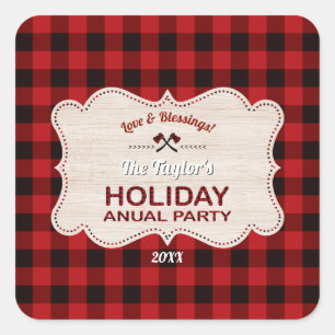 Rotes Büffel-Karo-Holz-Weihnachts-Jahresparty Quadratischer Aufkleber