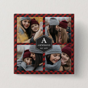 Rotes Büffel-Karo-Lumberjack-Familienfoto-Collage Button