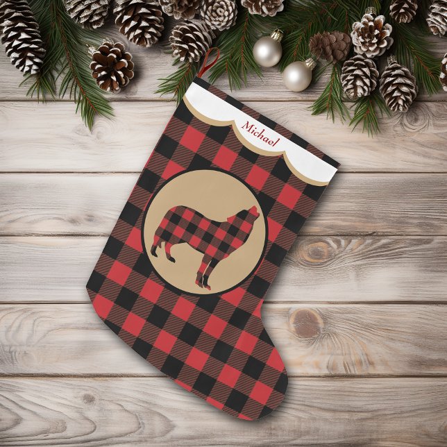 Rotes Büffel-Karo-Wolf-Personalized Großer Weihnachtsstrumpf (Von Creator hochgeladen)