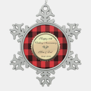 Rotes Büffelkariert, Diamantene 10. Hochzeitstag Schneeflocken Zinn-Ornament