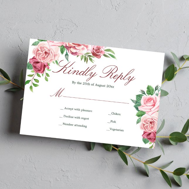 Rotes Burgund und Rosa Rosen - Optionen zum Essen RSVP Karte (Von Creator hochgeladen)