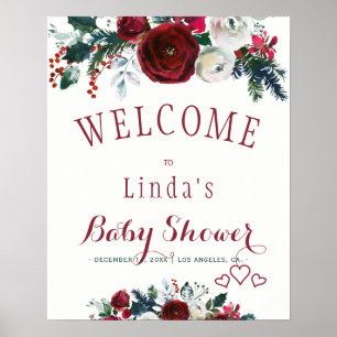 Rotes Burgunder-Wasserfarben-Winterbouquet-Babypar Poster