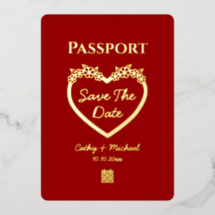 Rotes chinesisches Hochzeitspassport Save-the-Date Folieneinladung