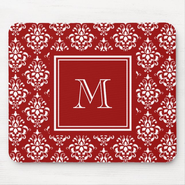 Rotes Damast-Muster 1 mit Monogramm Mousepad (Vorne)