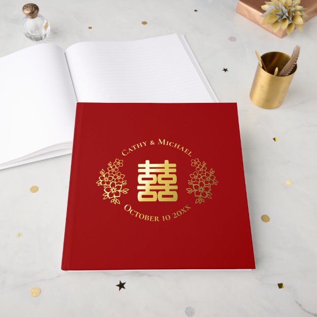 Rotes doppeltes Glück Blumenlogo Chinesische Hochz Gästebuch (Vorderseite Offen)