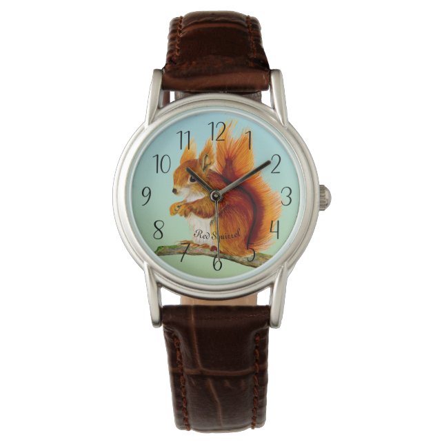 Rotes Eichhörnchen Aquarellmalerei Uhr (Vorderseite)