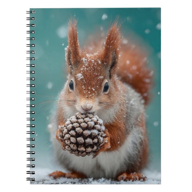 Rotes Eichhörnchen im Schnee mit Pinecone Notizblock (Vorderseite)