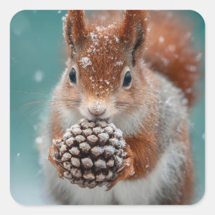 Rotes Eichhörnchen im Schnee mit Pinecone Quadratischer Aufkleber