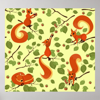 Rotes Eichhörnchen in Haselzweigen. Poster