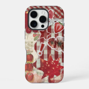Rotes Erdbeerband-Kollagen-Case Cute Ästhetik iPhone 16 Pro Hülle