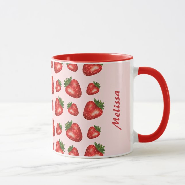 Rotes Erdbeermuster auf Rosa mit Individuelle Name Tasse (Rechts)