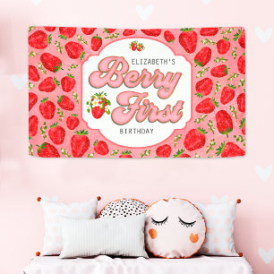 Rotes Erdbeermuster Rosa Beere Erster Geburtstag Banner