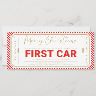 Rotes Erste-Auto-Weihnachtsgeschenkgutschein-Karte Einladung