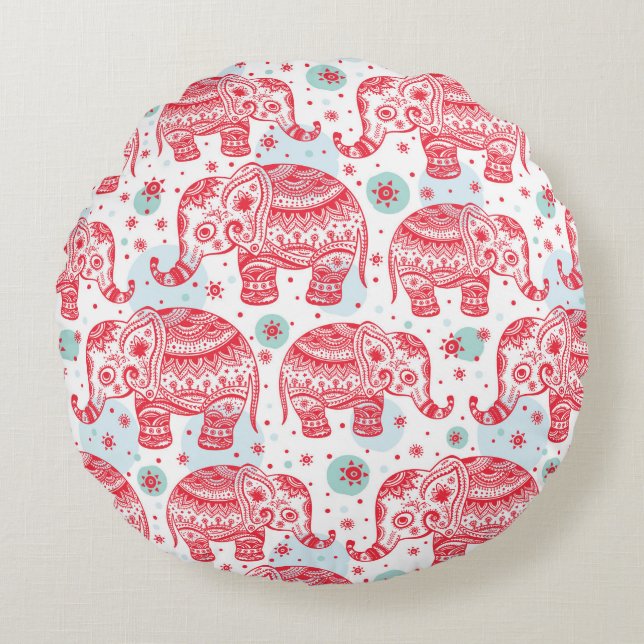 Rotes ethnisches Elefant-Muster Rundes Kissen (Vorderseite)
