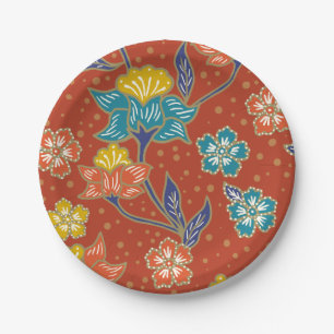 Rotes exotisches indonesisches Blumenbatikmuster Pappteller