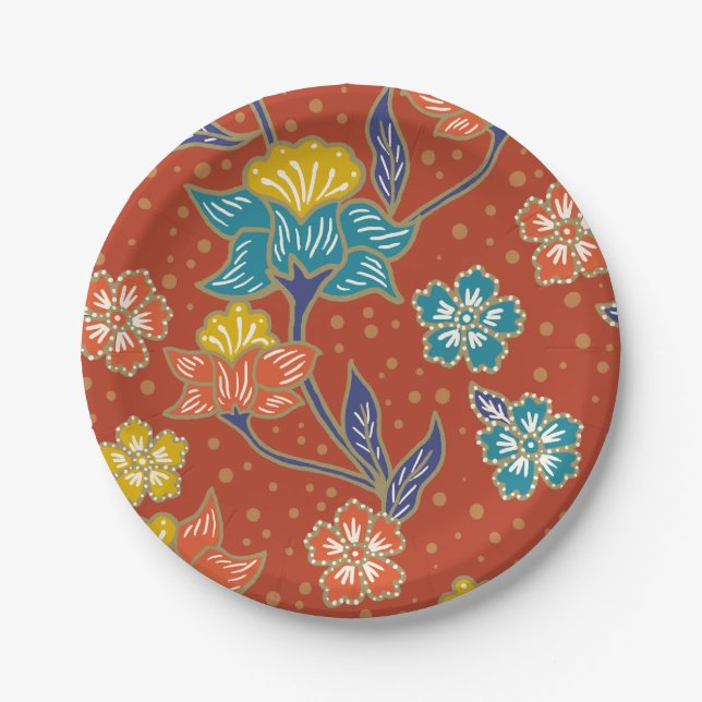 Rotes exotisches indonesisches Blumenbatikmuster Pappteller (Vorderseite)